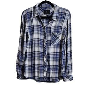 Rails Hunter Plaid Flannel Shirt Small Blue White Long Sleeve Soft Pocket Button